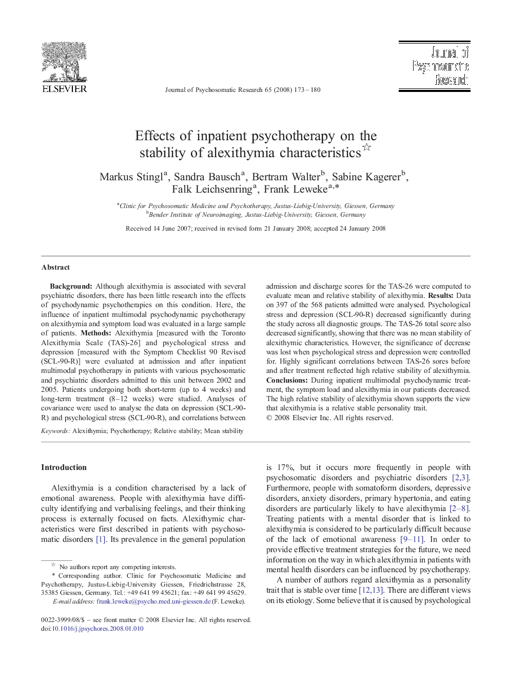 Effects of inpatient psychotherapy on the stability of alexithymia characteristics 