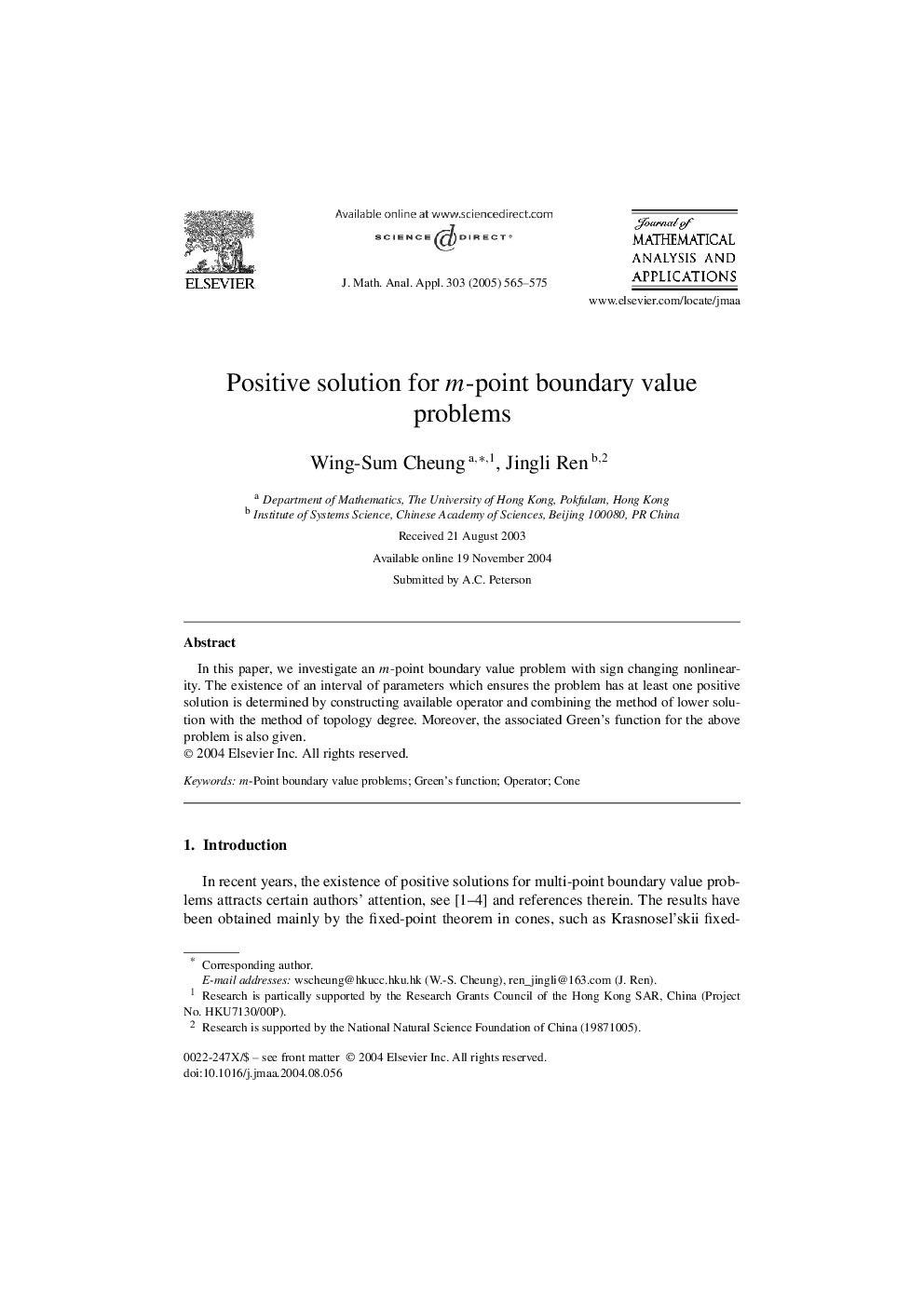 Positive solution for m-point boundary value problems