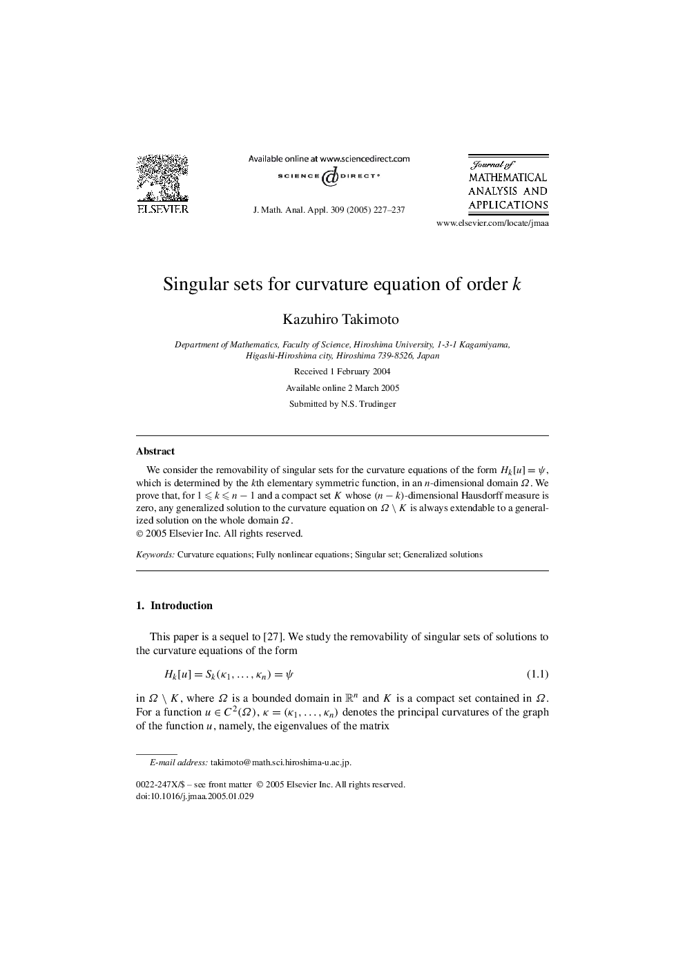 Singular sets for curvature equation of order k