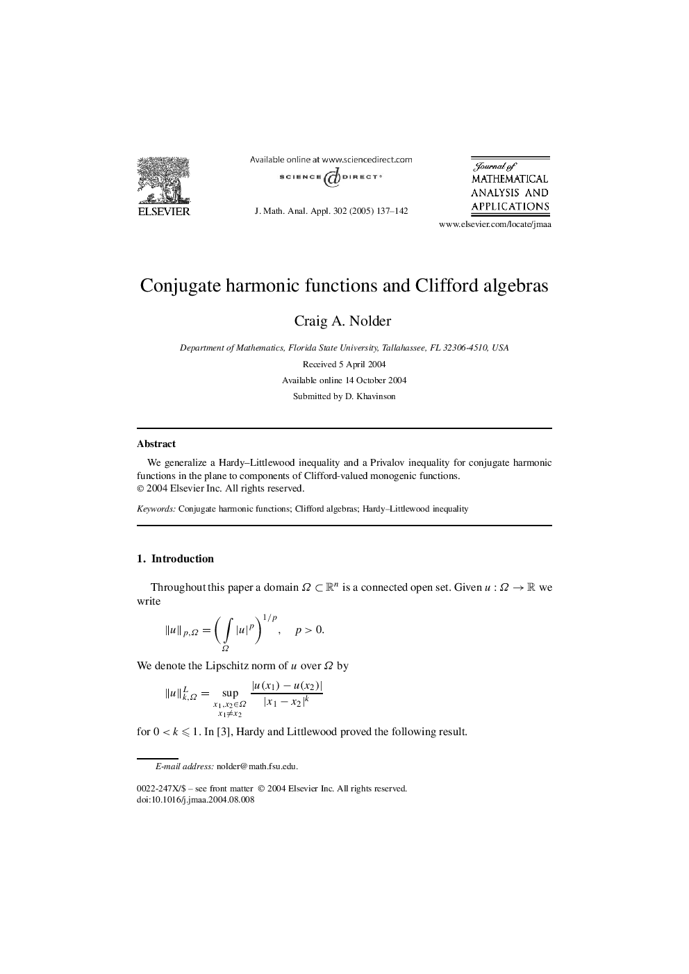 Conjugate harmonic functions and Clifford algebras