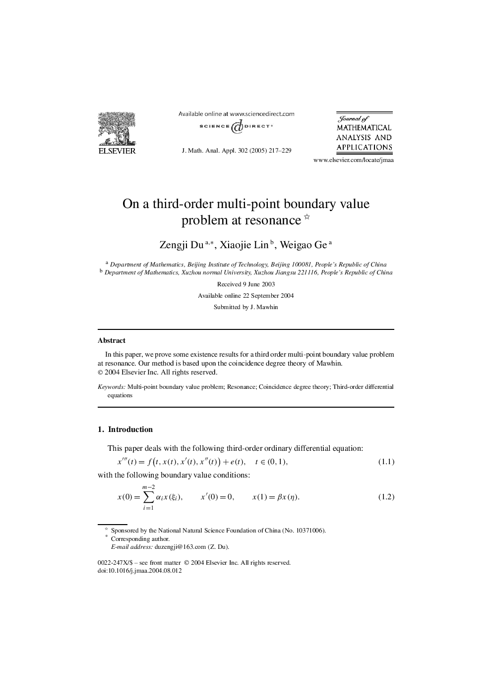 On a third-order multi-point boundary value problem at resonance