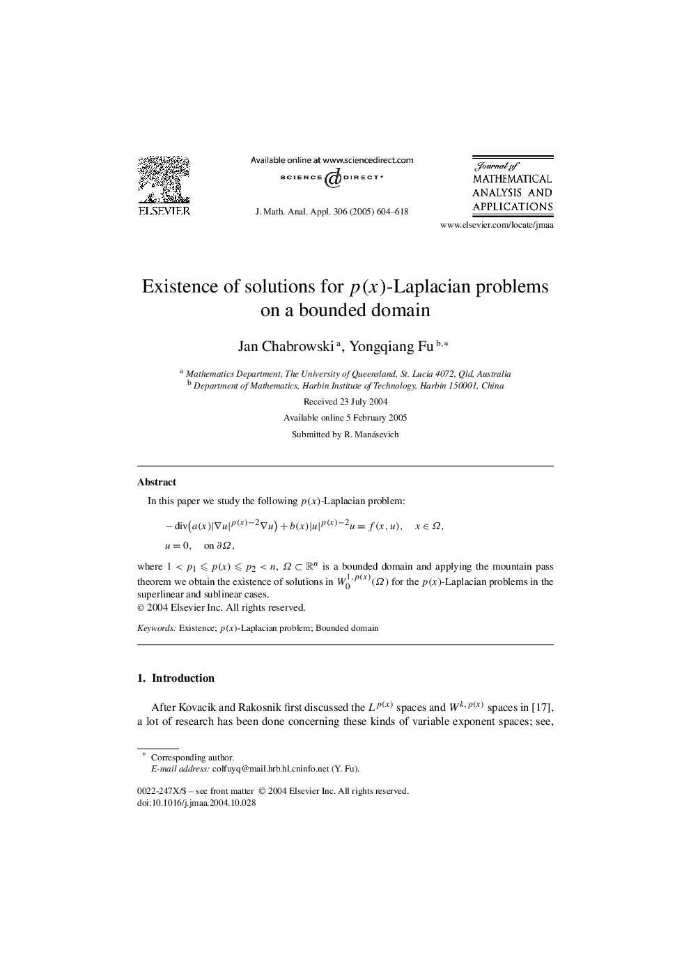عکس صفحه اول مقاله: Existence of solutions for p(x)-Laplacian problems on a bounded domain Existence of solutions for p(x)-Laplacian problems on a bounded domain