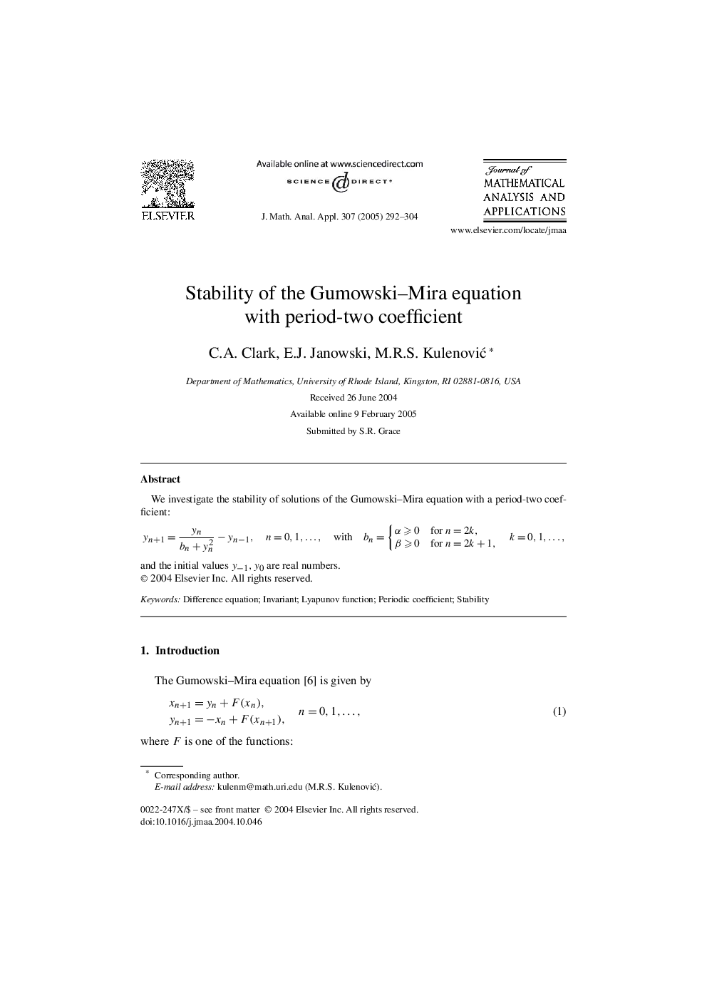 Stability of the Gumowski-Mira equation with period-two coefficient