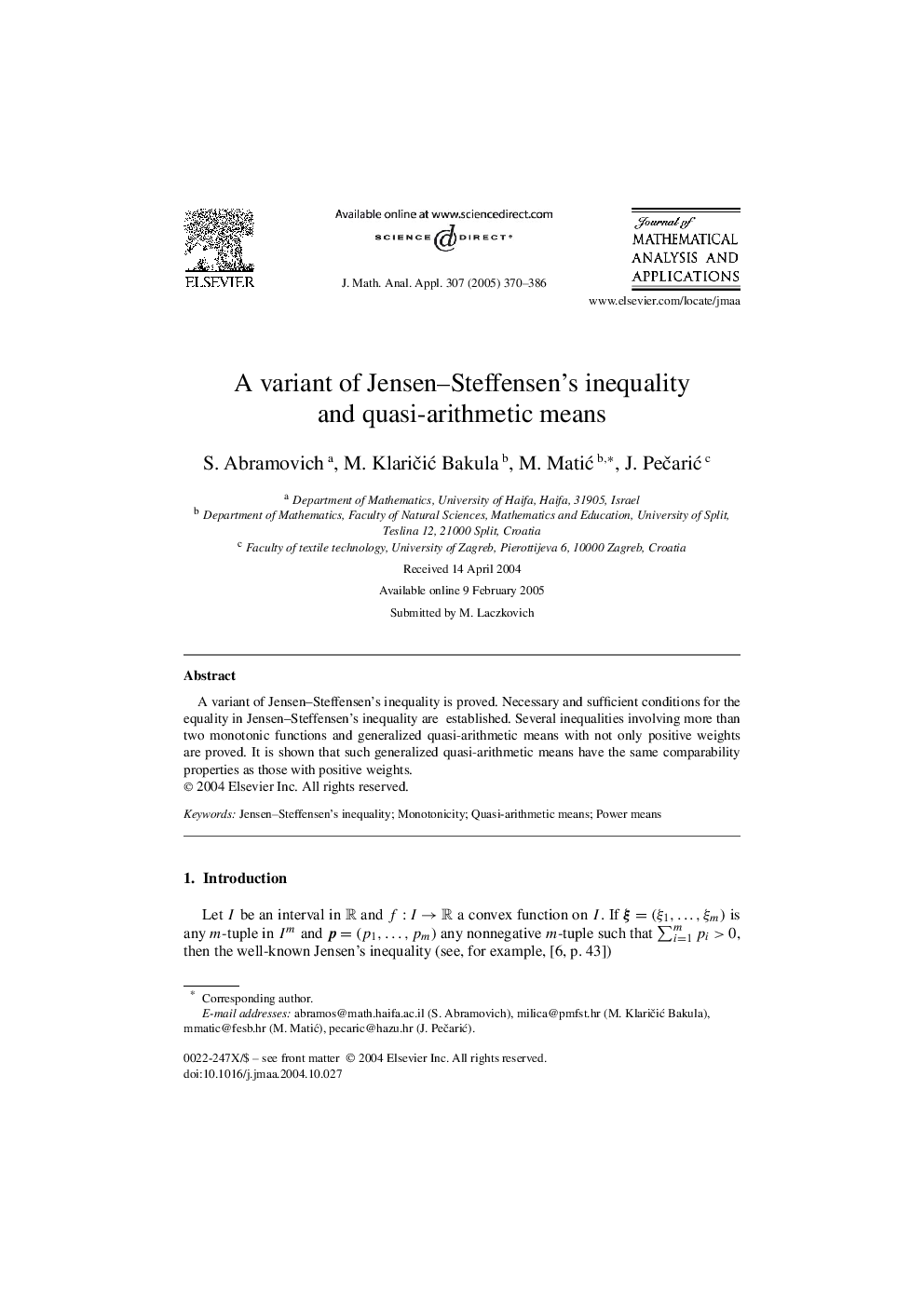 A variant of Jensen-Steffensen's inequality and quasi-arithmetic means