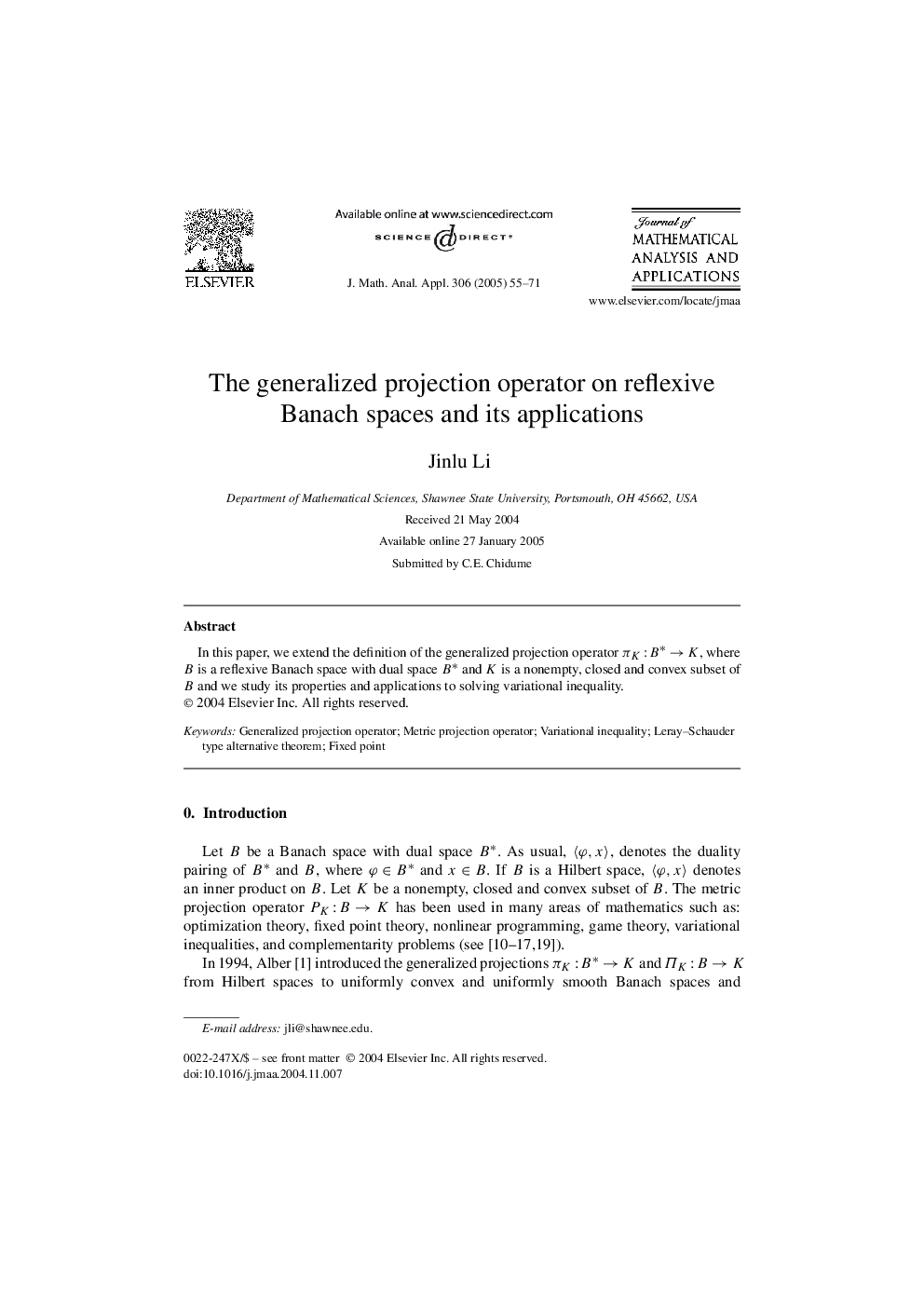 The generalized projection operator on reflexive Banach spaces and its applications