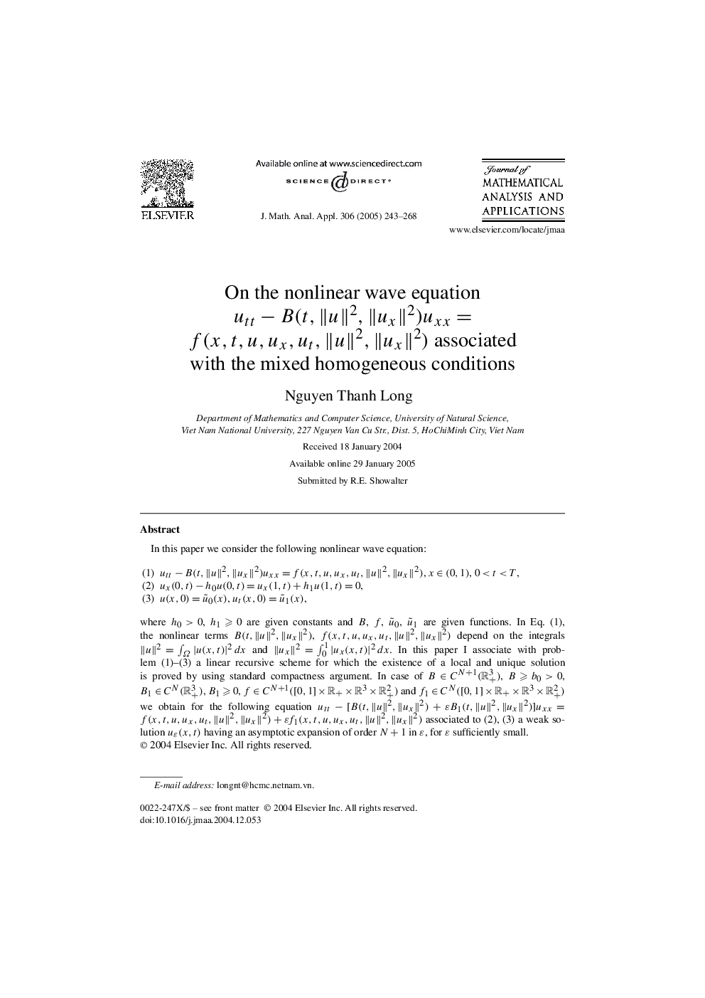 On the nonlinear wave equation uttâB(t,âuâ2,âuxâ2)uxx=f(x,t,u,ux,ut,âuâ2,âuxâ2) associated with the mixed homogeneous conditions