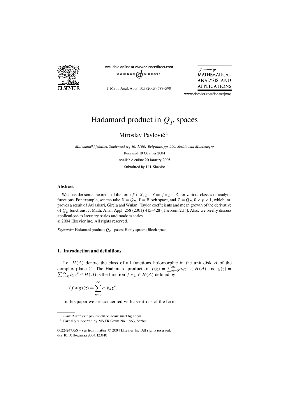 Hadamard product in Qp spaces