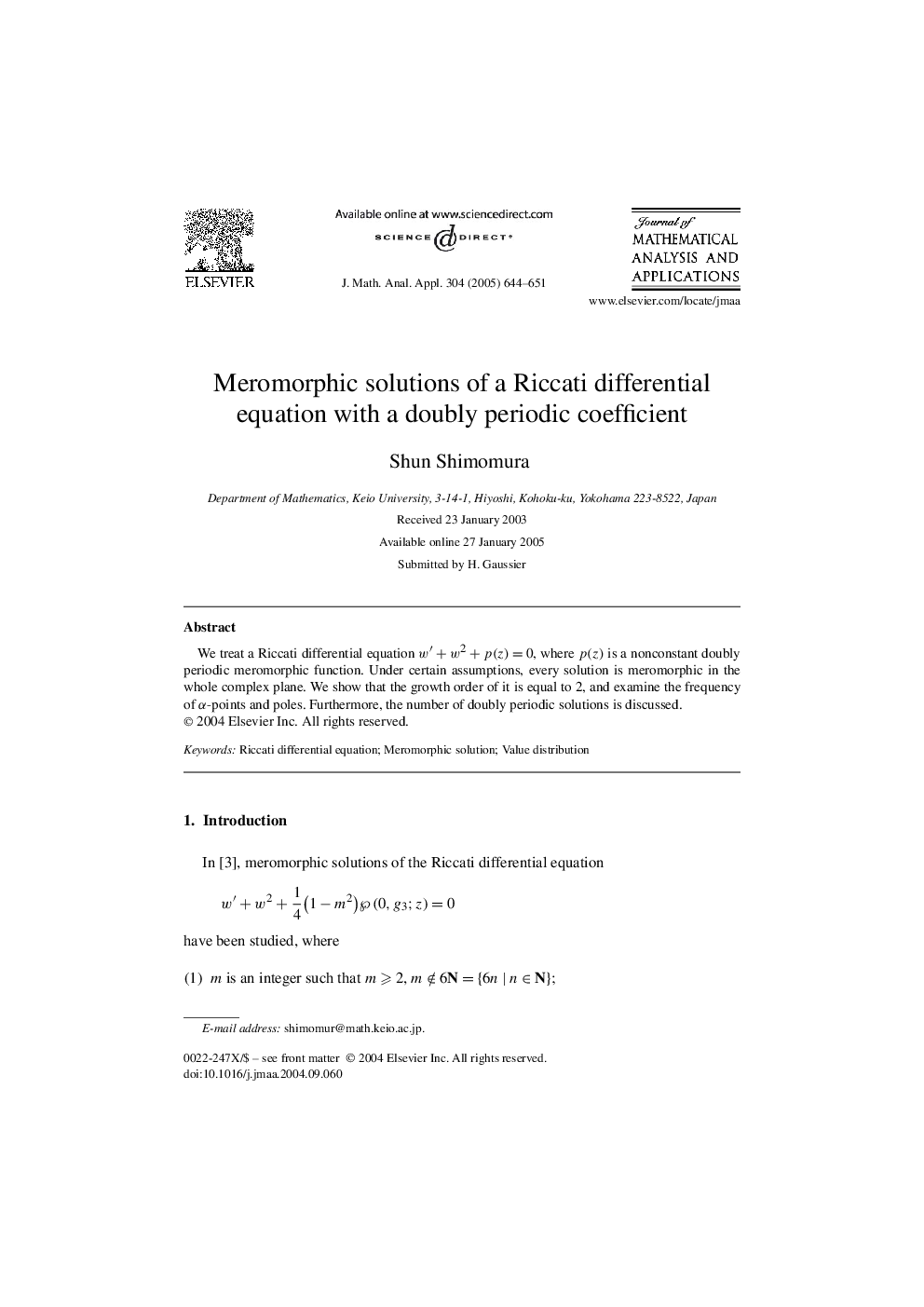 Meromorphic solutions of a Riccati differential equation with a doubly periodic coefficient