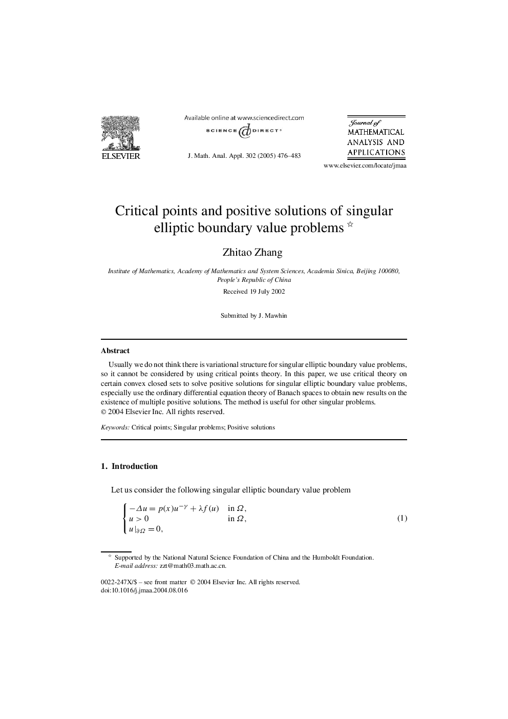 Critical points and positive solutions of singular elliptic boundary value problems