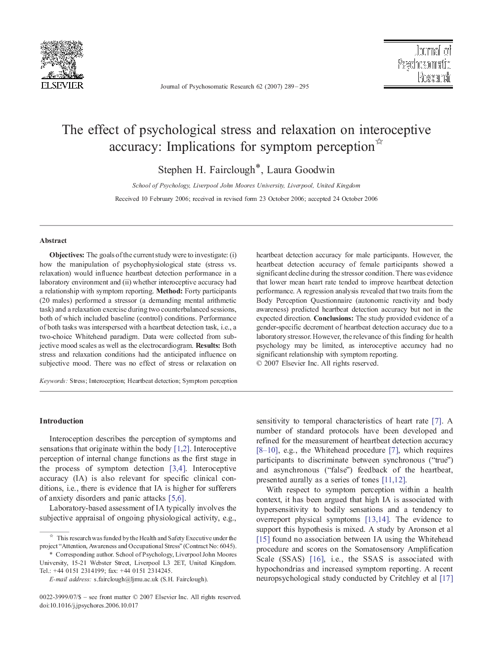 The effect of psychological stress and relaxation on interoceptive accuracy: Implications for symptom perception 