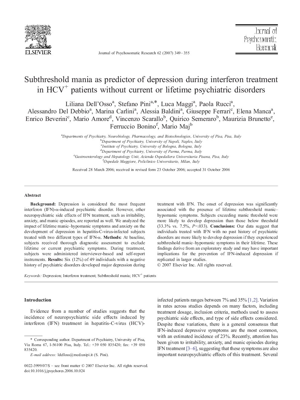 Subthreshold mania as predictor of depression during interferon treatment in HCV+ patients without current or lifetime psychiatric disorders