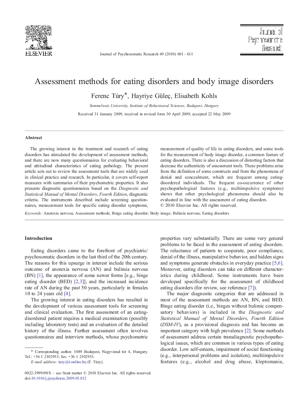 Assessment methods for eating disorders and body image disorders