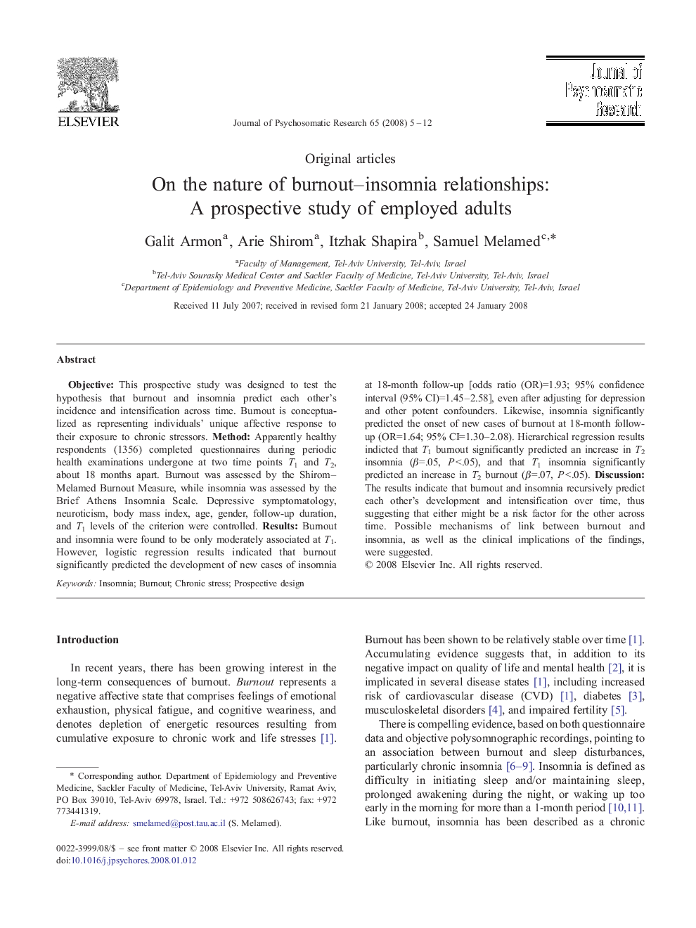 On the nature of burnout–insomnia relationships: A prospective study of employed adults