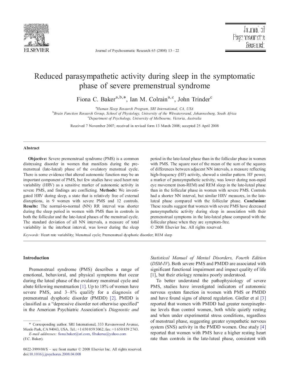 Reduced parasympathetic activity during sleep in the symptomatic phase of severe premenstrual syndrome