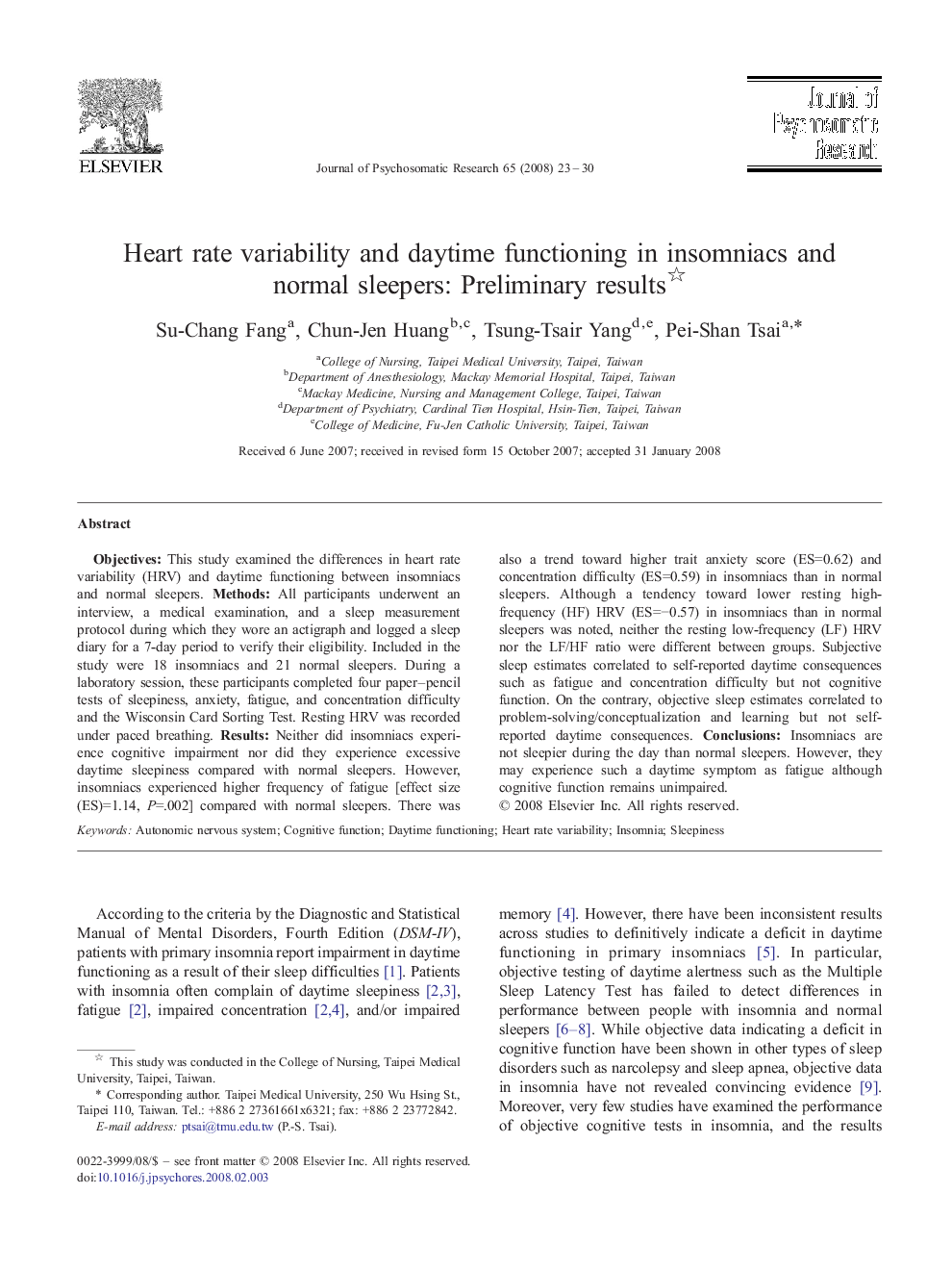 Heart rate variability and daytime functioning in insomniacs and normal sleepers: Preliminary results 