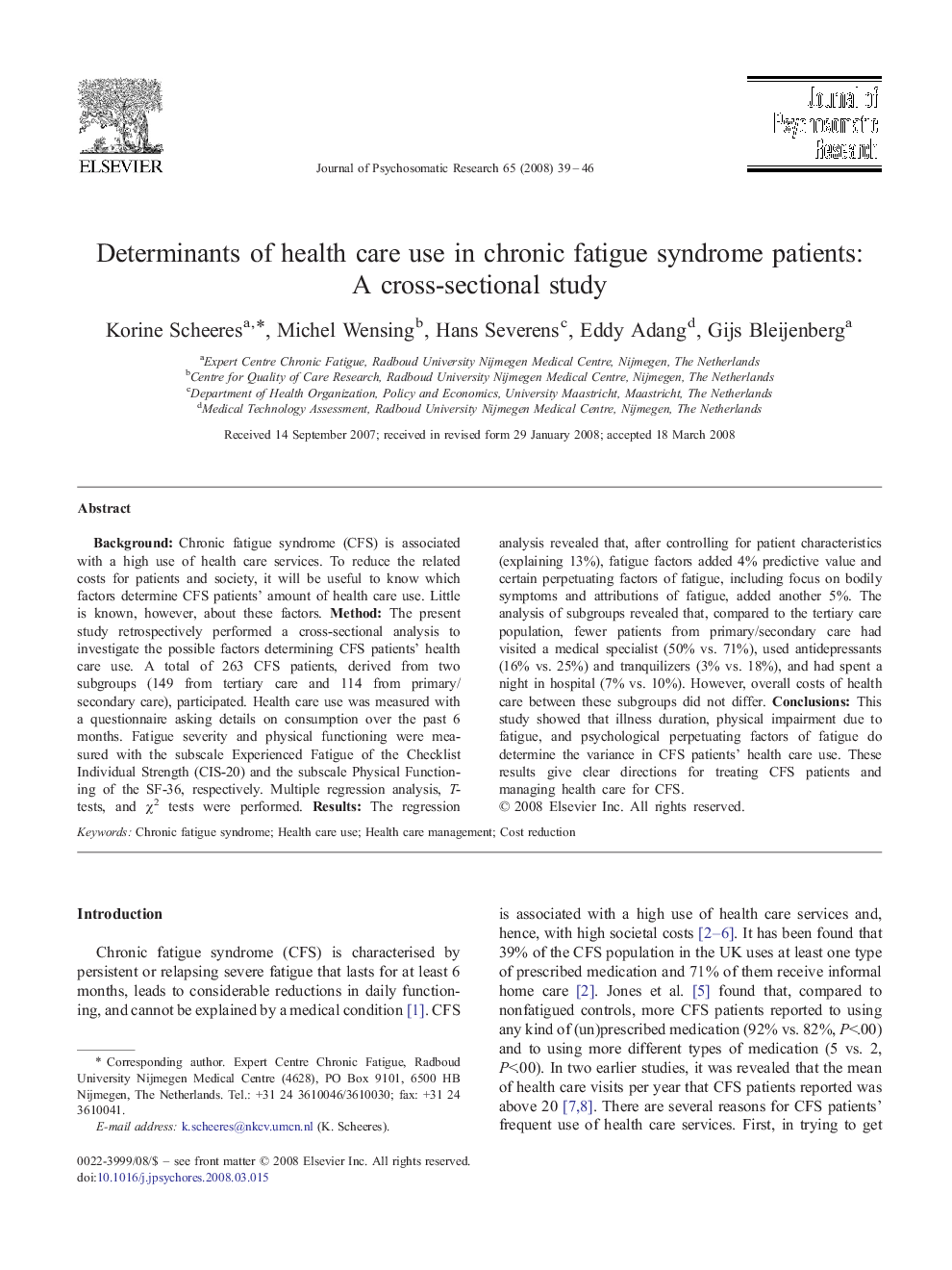 Determinants of health care use in chronic fatigue syndrome patients: A cross-sectional study