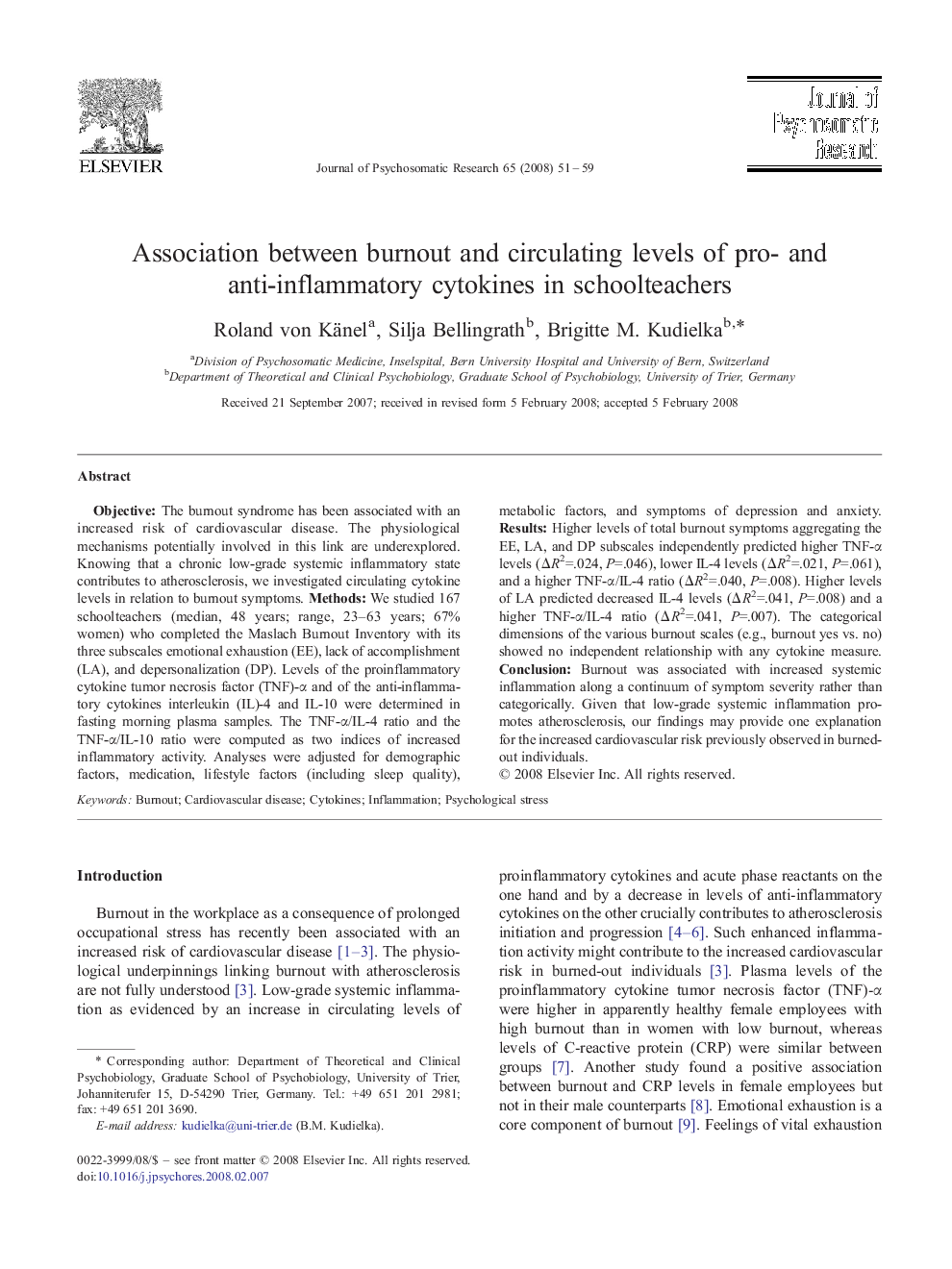 Association between burnout and circulating levels of pro- and anti-inflammatory cytokines in schoolteachers