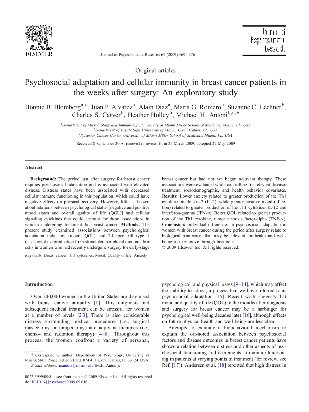 Psychosocial adaptation and cellular immunity in breast cancer patients in the weeks after surgery: An exploratory study