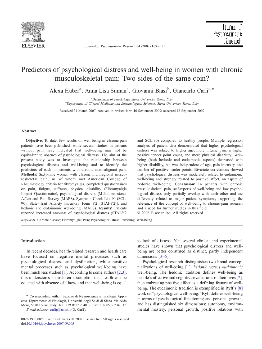 Predictors of psychological distress and well-being in women with chronic musculoskeletal pain: Two sides of the same coin?