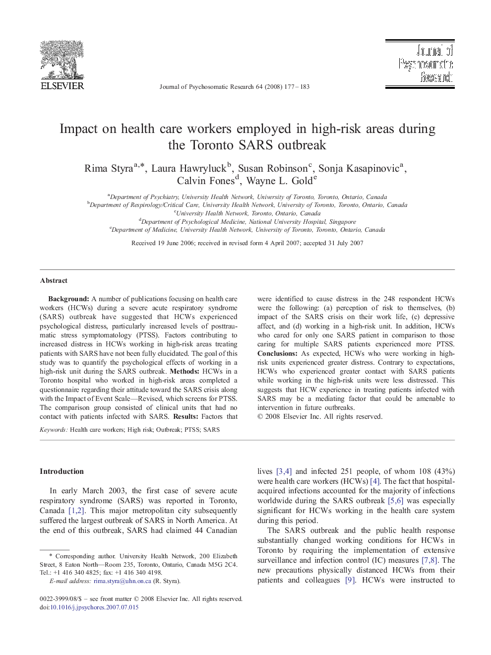 Impact on health care workers employed in high-risk areas during the Toronto SARS outbreak