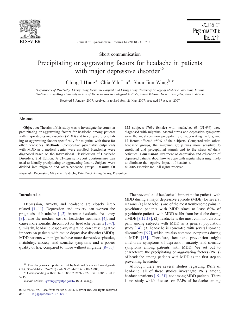 Precipitating or aggravating factors for headache in patients with major depressive disorder 