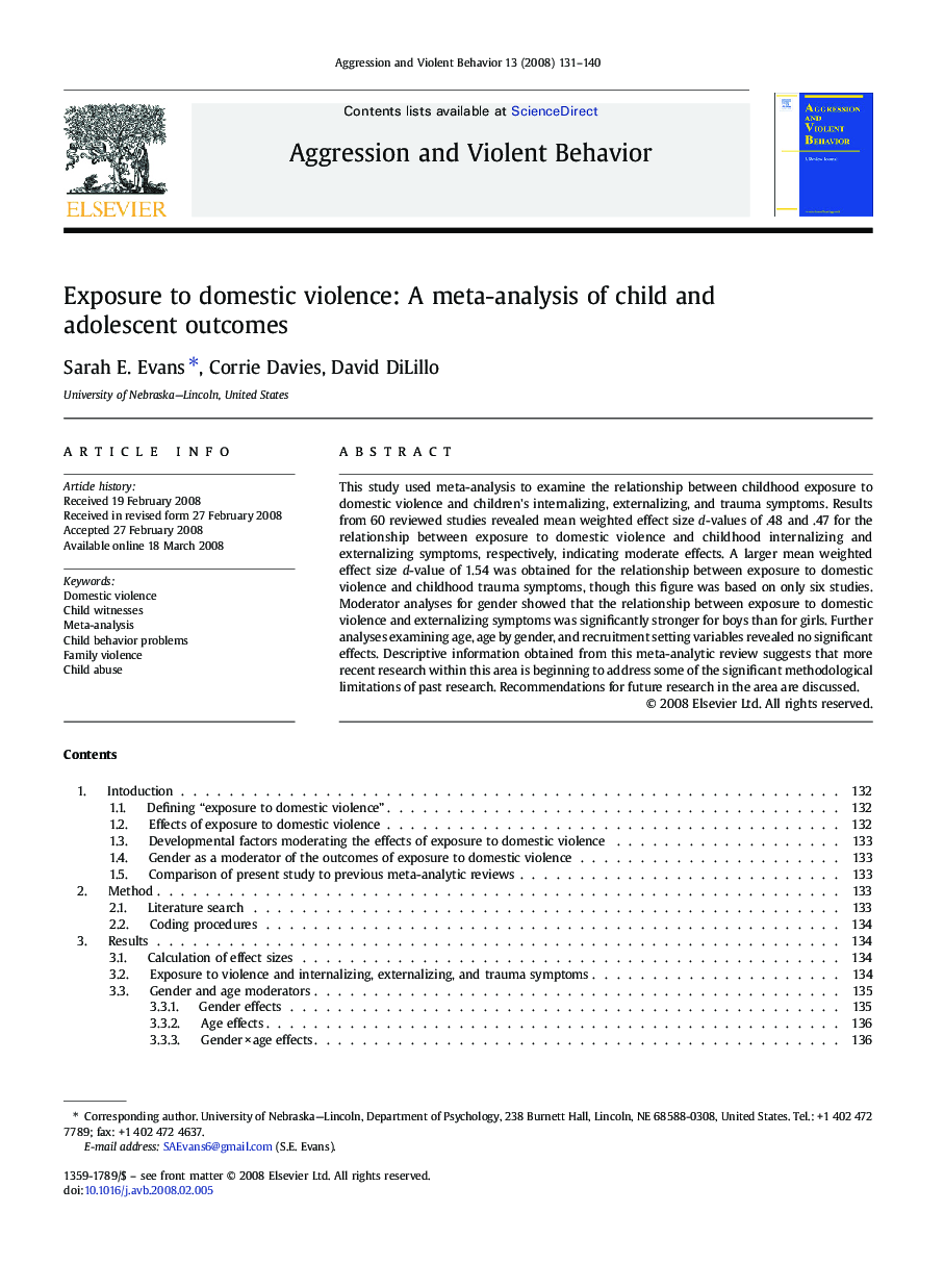 Exposure to domestic violence: A meta-analysis of child and adolescent outcomes