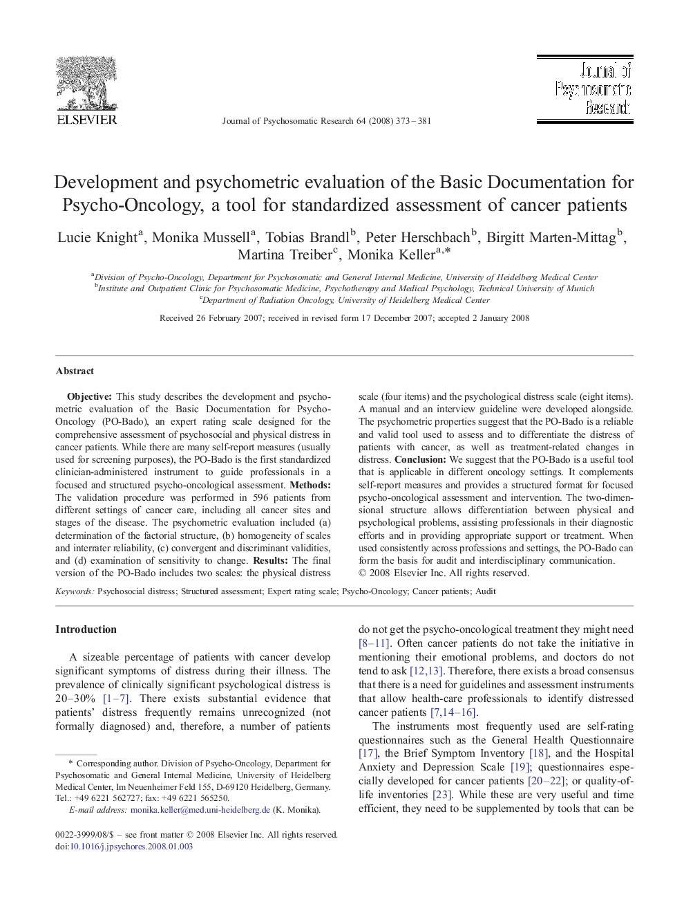 Development and psychometric evaluation of the Basic Documentation for Psycho-Oncology, a tool for standardized assessment of cancer patients