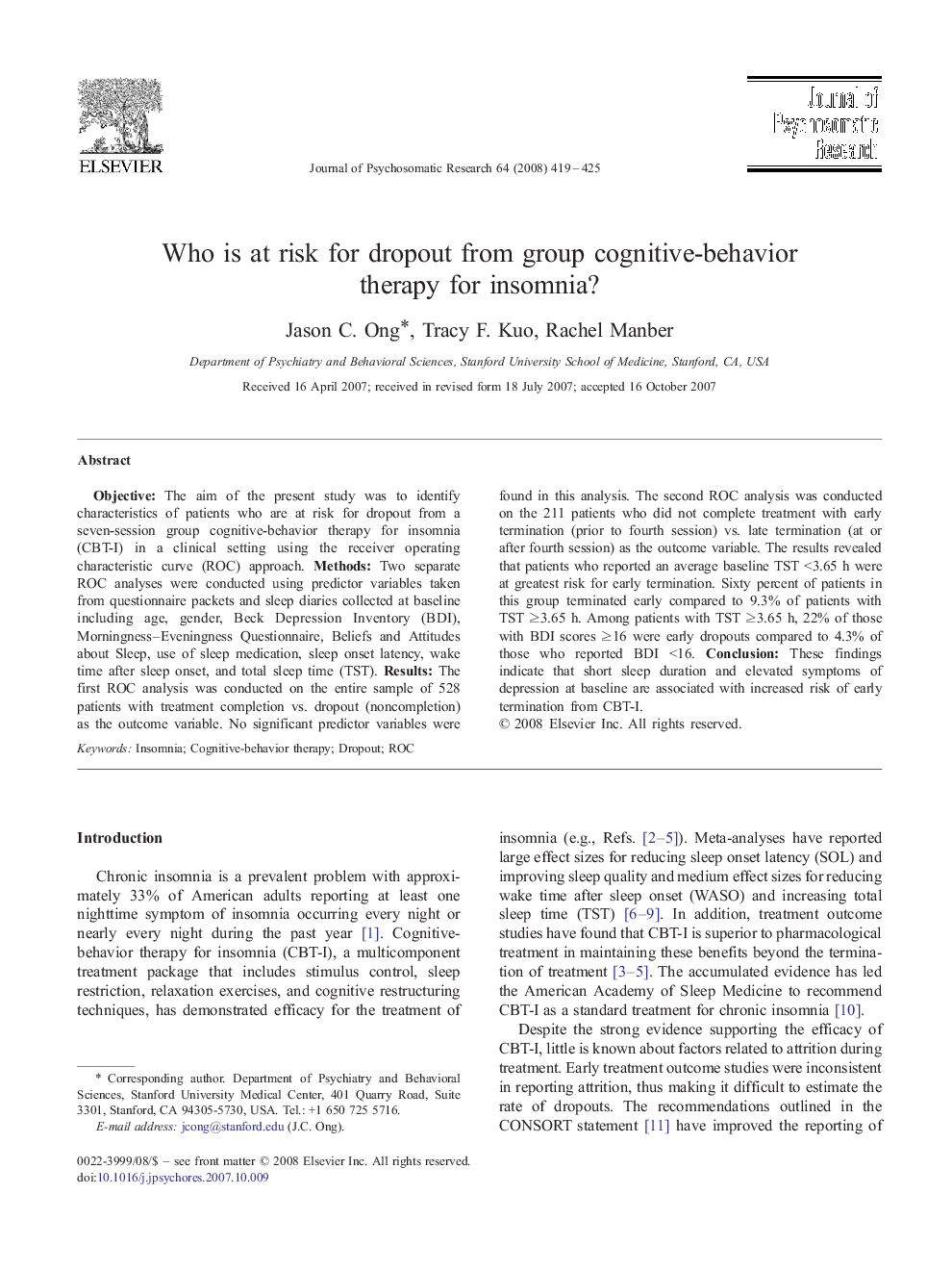 Who is at risk for dropout from group cognitive-behavior therapy for insomnia?