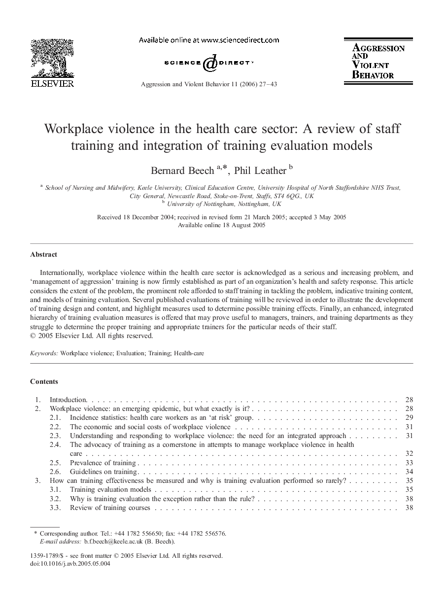 Workplace violence in the health care sector: A review of staff training and integration of training evaluation models