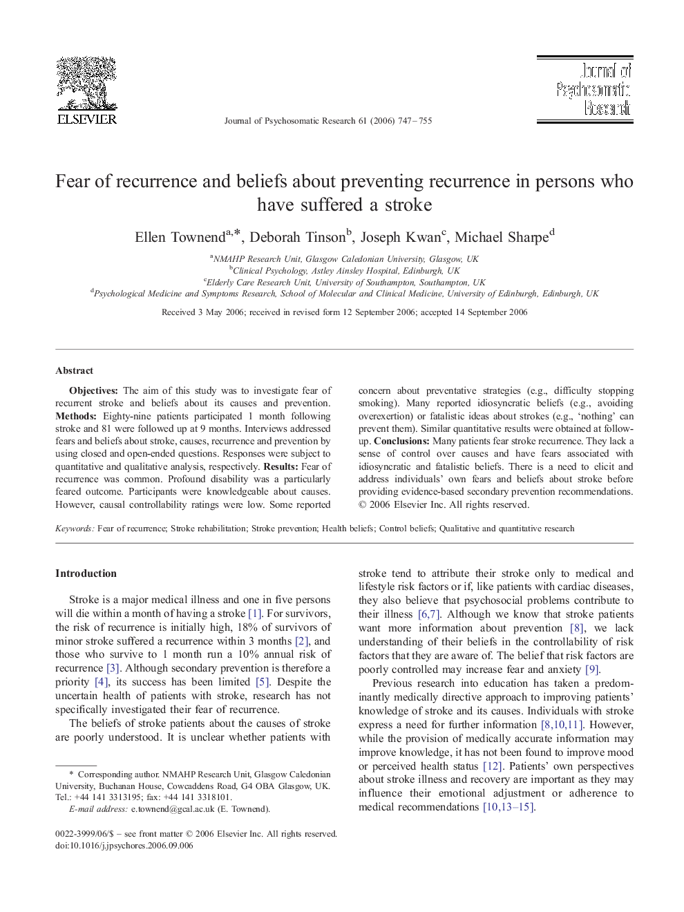 Fear of recurrence and beliefs about preventing recurrence in persons who have suffered a stroke