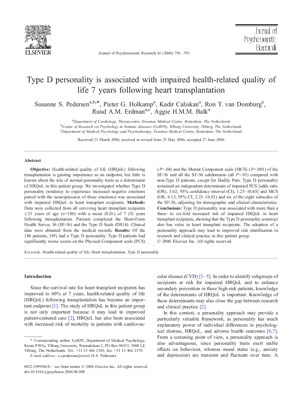 Type D personality is associated with impaired health-related quality of life 7 years following heart transplantation