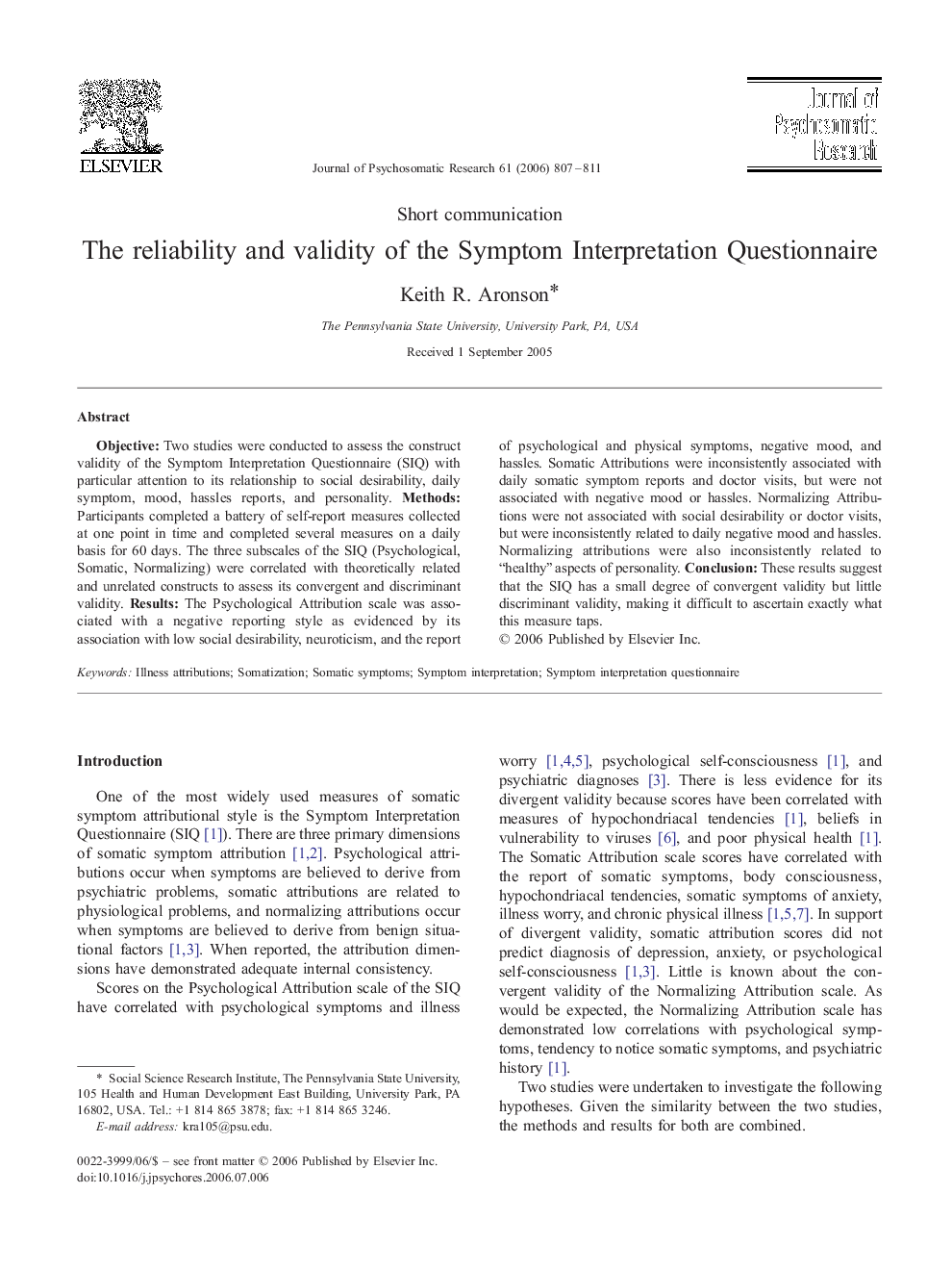 The reliability and validity of the Symptom Interpretation Questionnaire