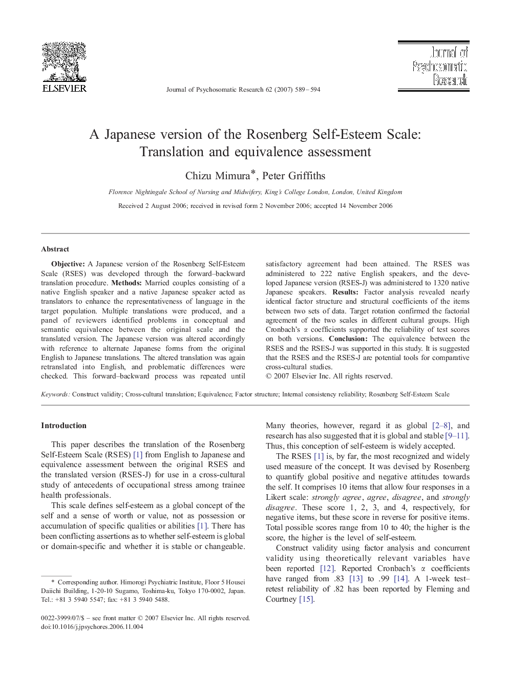 A Japanese version of the Rosenberg Self-Esteem Scale: Translation and equivalence assessment