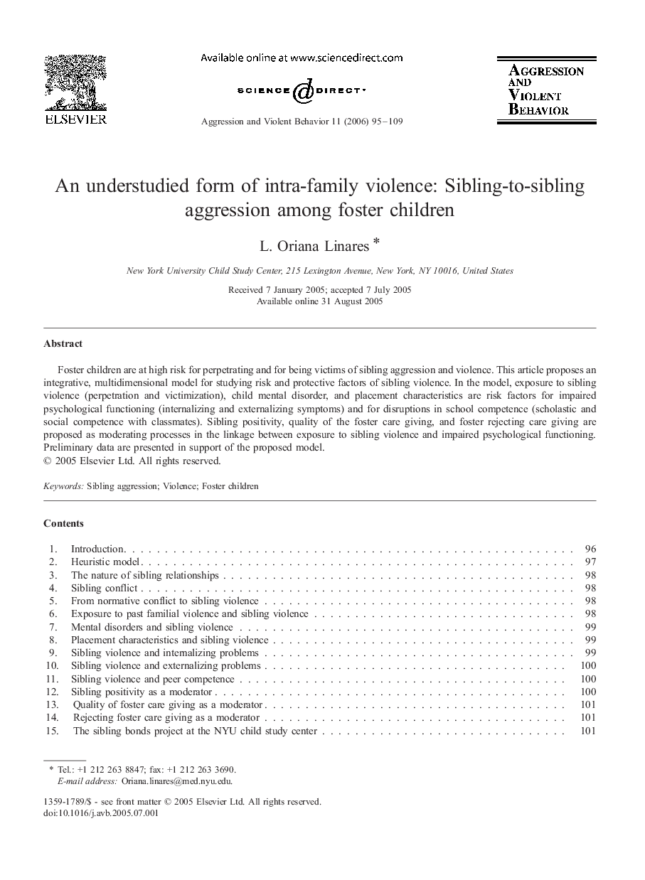 An understudied form of intra-family violence: Sibling-to-sibling aggression among foster children