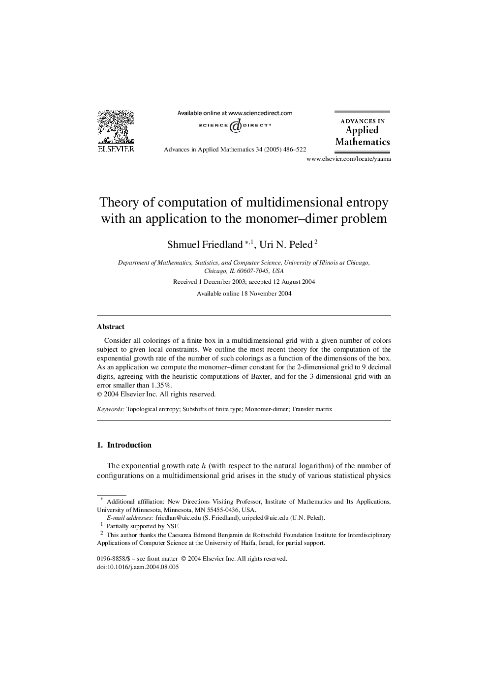 Theory of computation of multidimensional entropy with an application to the monomer-dimer problem