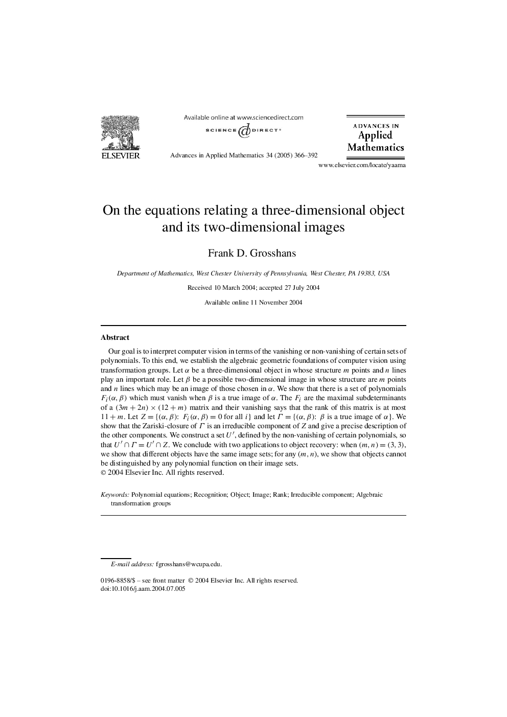 On the equations relating a three-dimensional object and its two-dimensional images