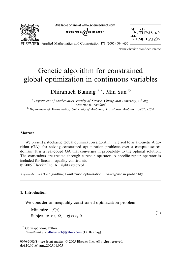 Genetic algorithm for constrained global optimization in continuous variables