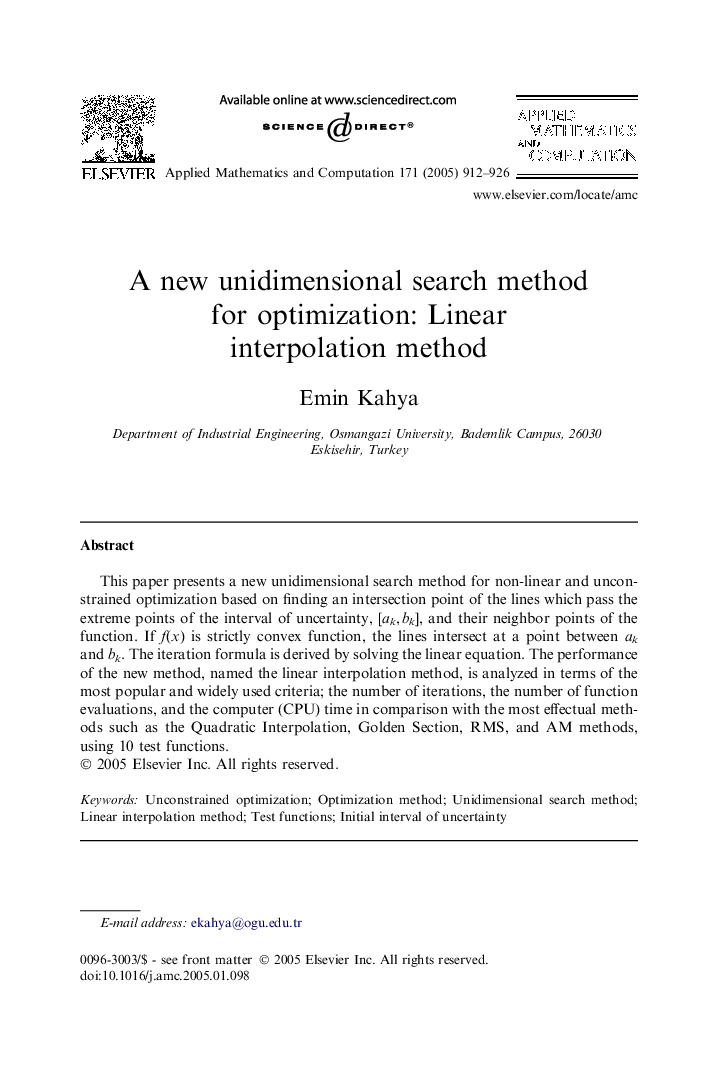 A new unidimensional search method for optimization: Linear interpolation method