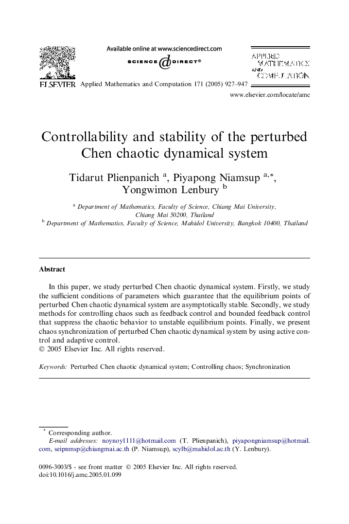 Controllability and stability of the perturbed Chen chaotic dynamical system