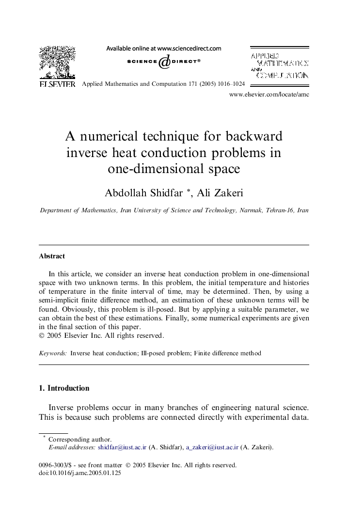 A numerical technique for backward inverse heat conduction problems in one-dimensional space