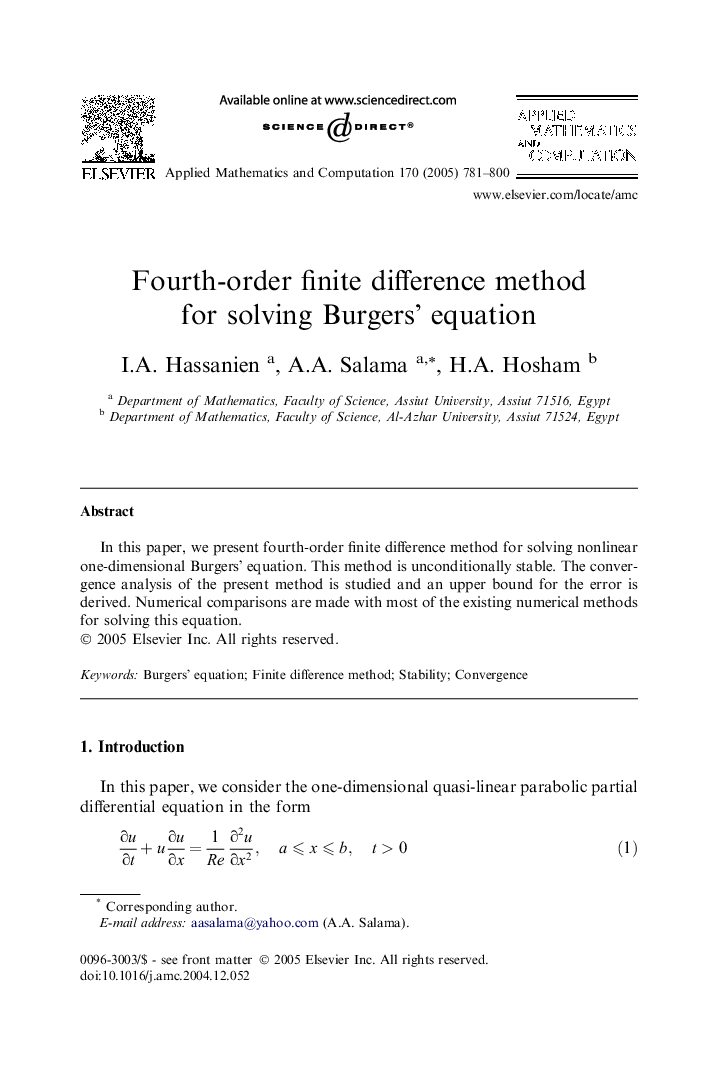 Fourth-order finite difference method for solving Burgers' equation