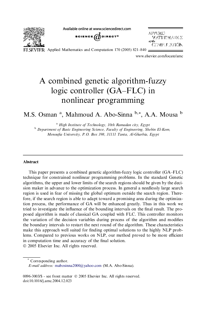 A combined genetic algorithm-fuzzy logic controller (GA-FLC) in nonlinear programming