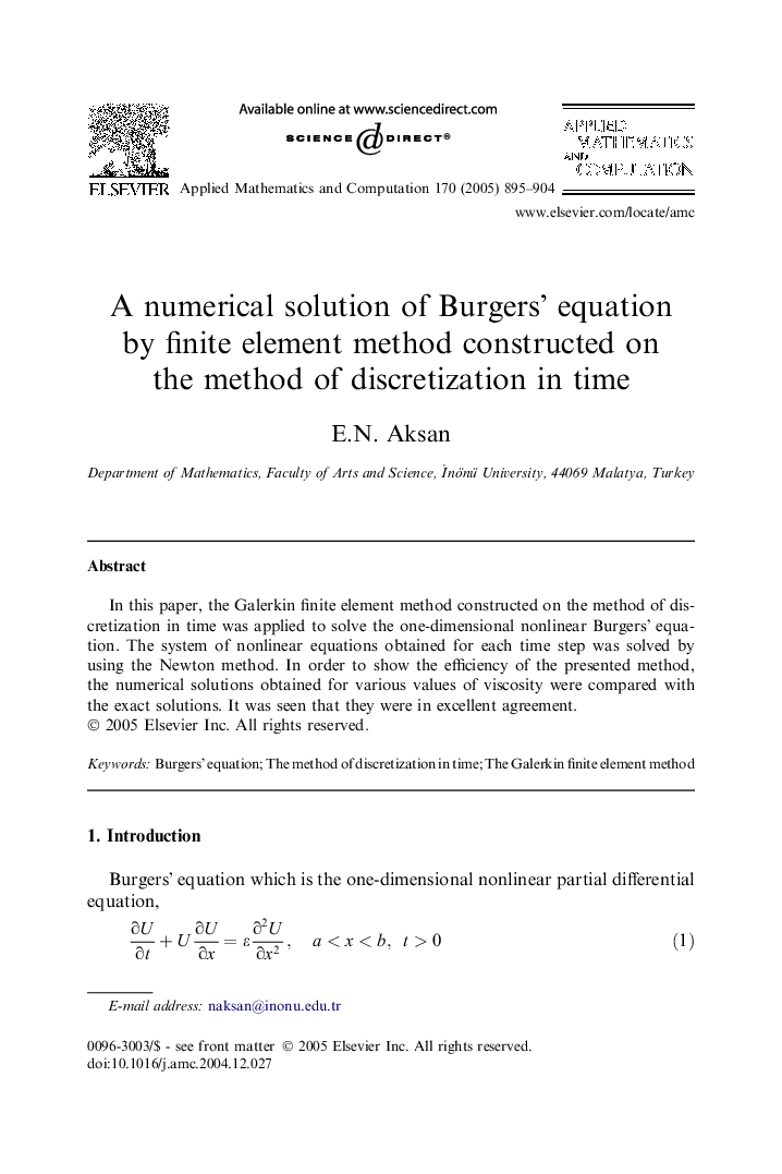 A numerical solution of Burgers' equation by finite element method constructed on the method of discretization in time