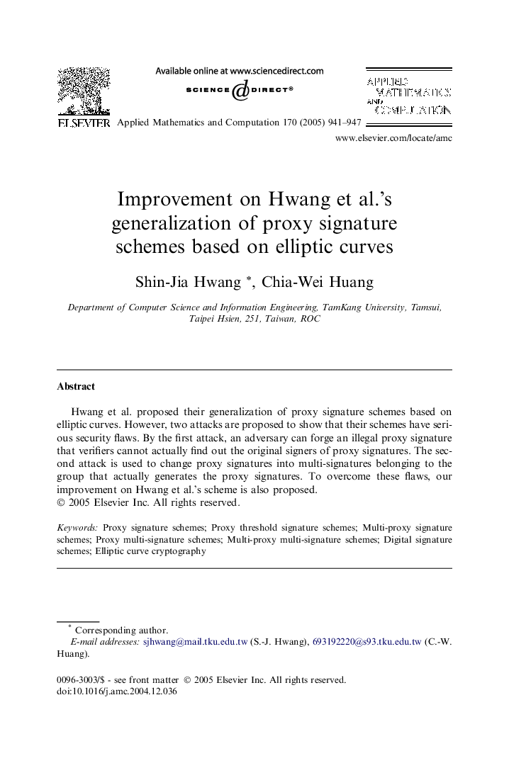 Improvement on Hwang et al.'s generalization of proxy signature schemes based on elliptic curves