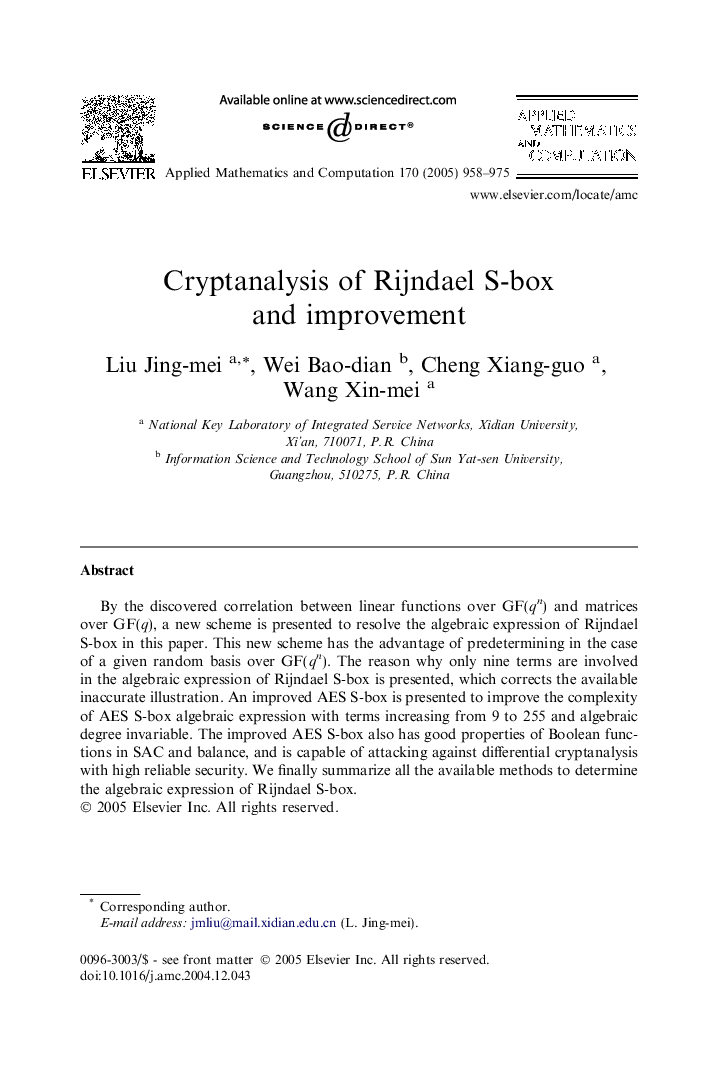 Cryptanalysis of Rijndael S-box and improvement