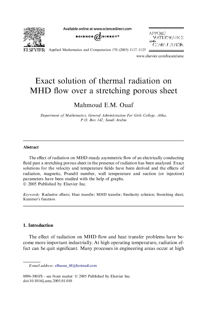 Exact solution of thermal radiation on MHD flow over a stretching porous sheet