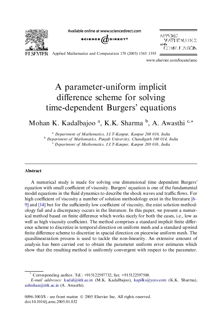 A parameter-uniform implicit difference scheme for solving time-dependent Burgers' equations