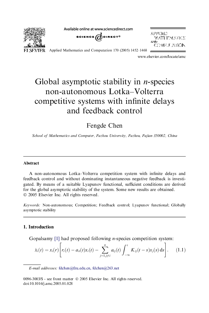 Global asymptotic stability in n-species non-autonomous Lotka-Volterra competitive systems with infinite delays and feedback control