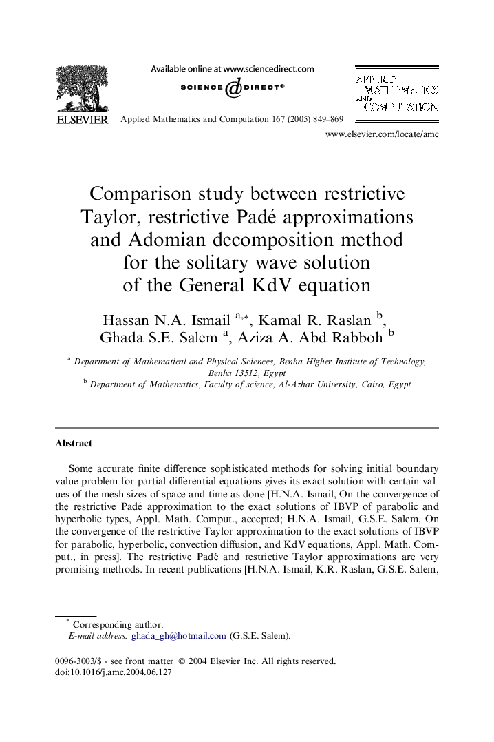 Comparison study between restrictive Taylor, restrictive Padé approximations and Adomian decomposition method for the solitary wave solution of the General KdV equation