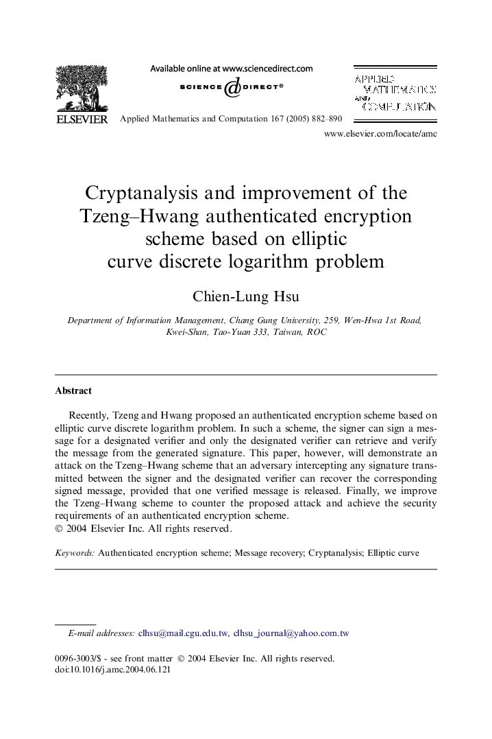 Cryptanalysis and improvement of the Tzeng-Hwang authenticated encryption scheme based on elliptic curve discrete logarithm problem